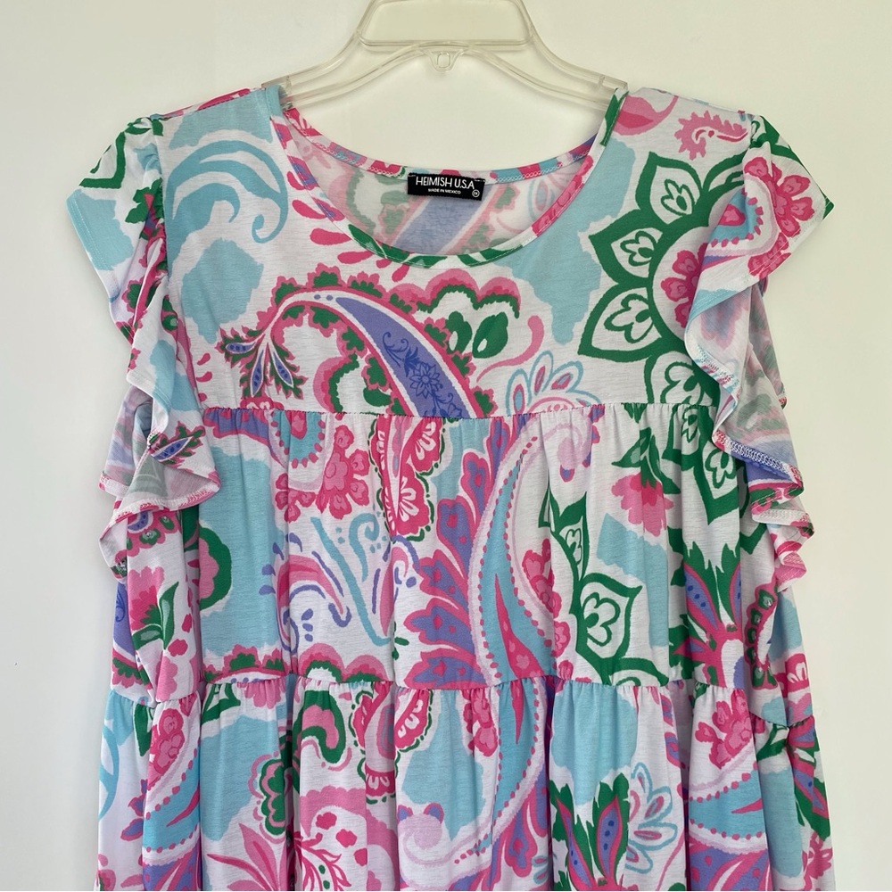Heimish Pink and Blue Ruffled Tiered Sleeveless Top Size 1X - Picture 2 of 7